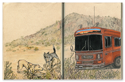 Wonderlodge and Desert Dogs: Watercolor, Prismacolor Pencils, Micron Pen and Collage