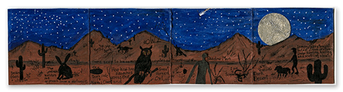 Walking in the Desert at Night: Gouache. 
Black Brush Pen, Collage and Gel Pen