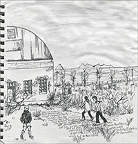 Quick sketch of one of the artillery sheds at sunset. (Note to self: Don't try to do an ink wash on cheap paper.) 