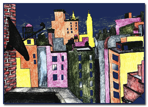 Cityscape, sketch and digital