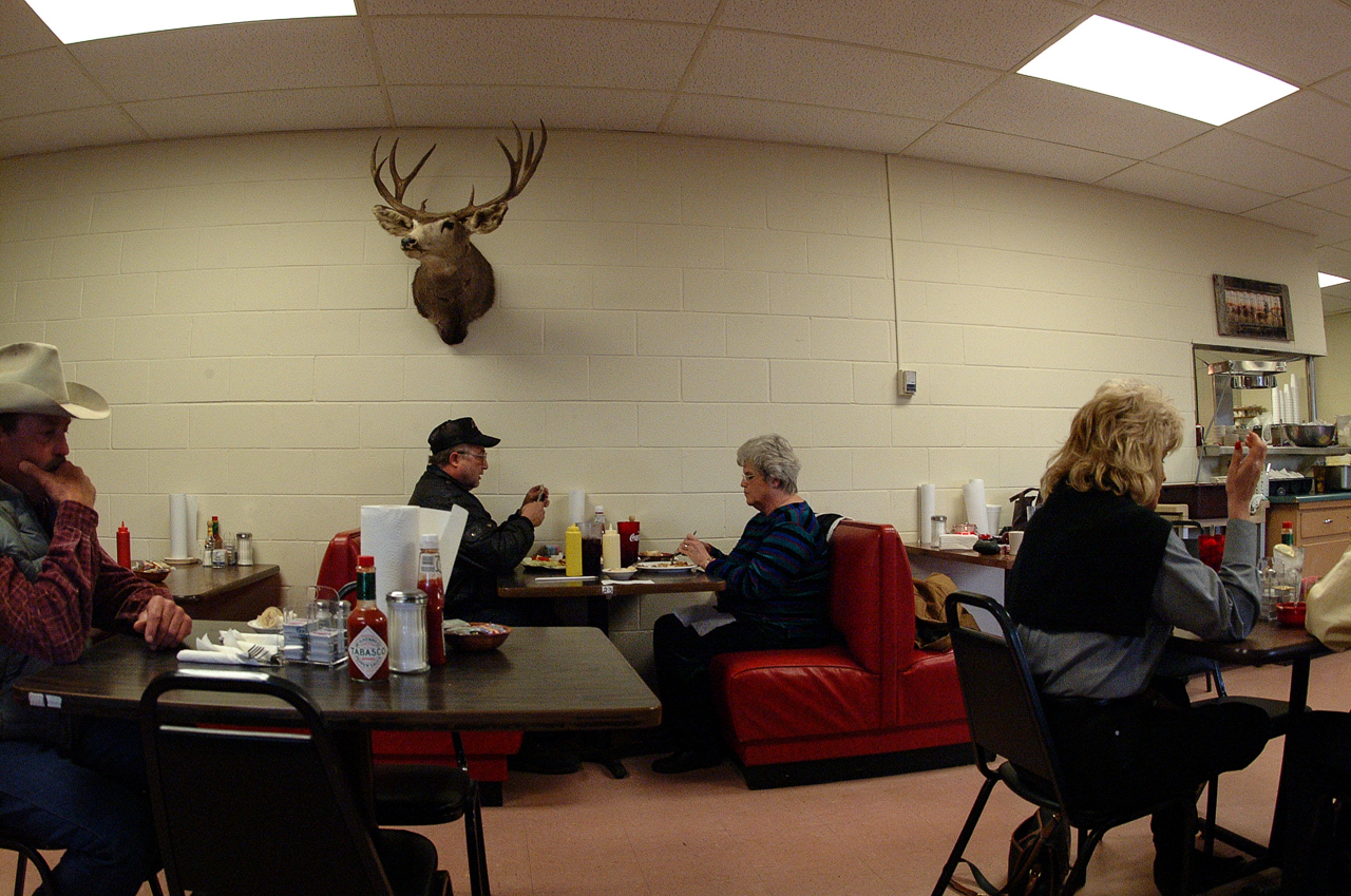 Chowing down in the lunchroom between cattle sales.