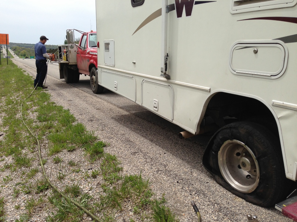 Blow-out in Eastern Kentucky, by the time we got to Charleston, West Virginia we had to replace all six tires.