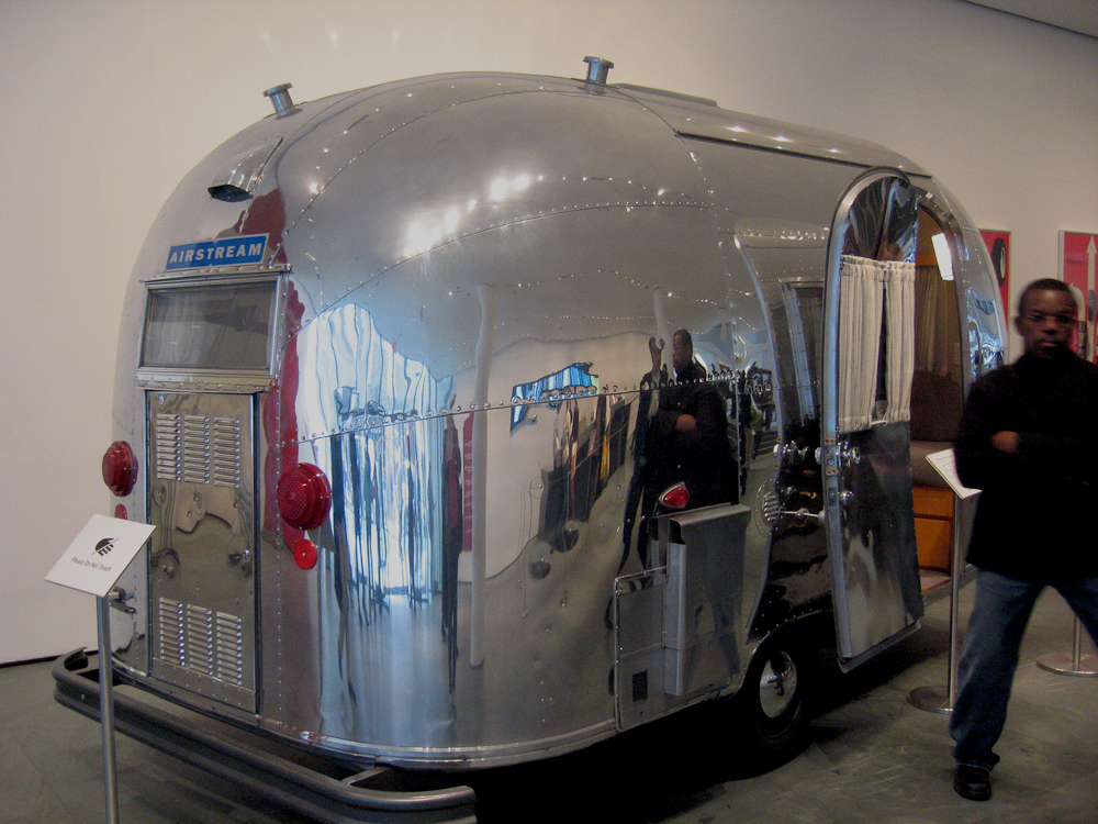 A 1963 Aerodynamic, gleaming Airstream Bambi on Display at the Museum of Modern Art in New York City