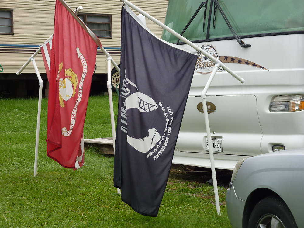 POW ★ MIA flags are an important style element as well as a political statement on many mobile home exteriors.