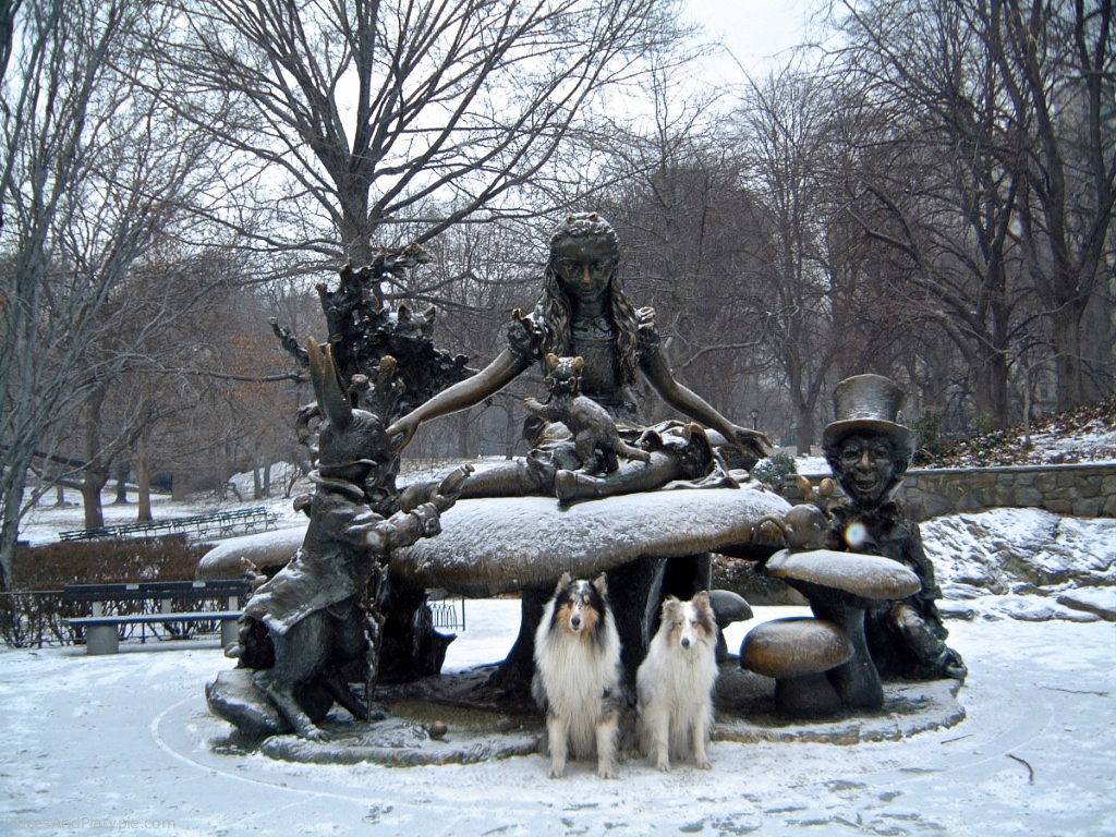 Newton and Frida pose under  José de Creeft's sculpture of Alice in Wonderland in Central Park.