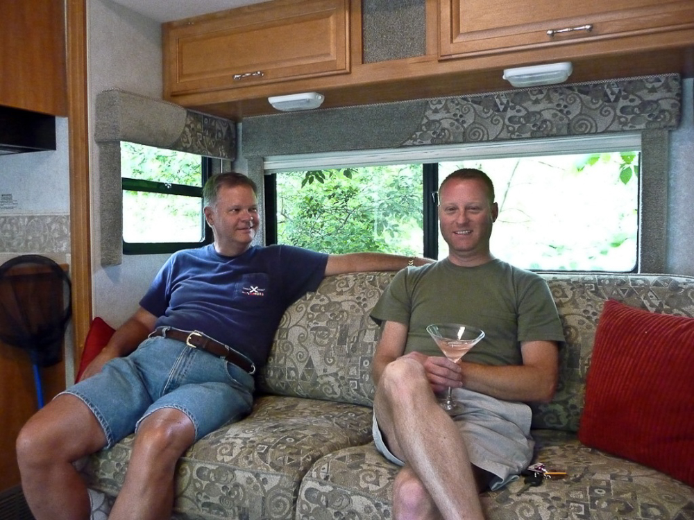 Our hosts, Jon and Ryan visitng us in the camper.