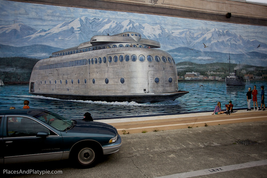 This 1995 Mural shows the Kalakala leaving the Port Angeles Harbor. She ran back in the 1940s.