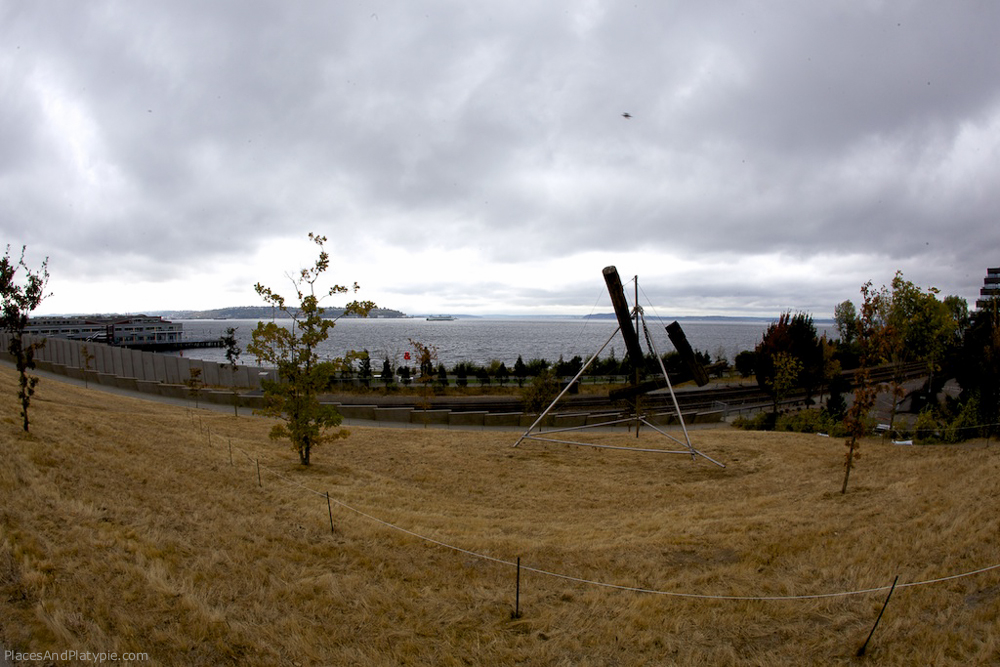 Looking across Mark di Suvero's wood and steel piece  onto Puget Sound from the Olympic Sculpture Park.