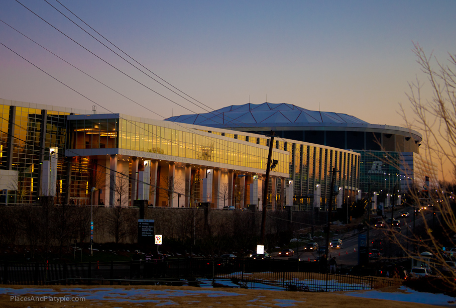 Like a magical temple to sport and spectacle, the Atlanta facilities light up in the sunset that ushers in the big game