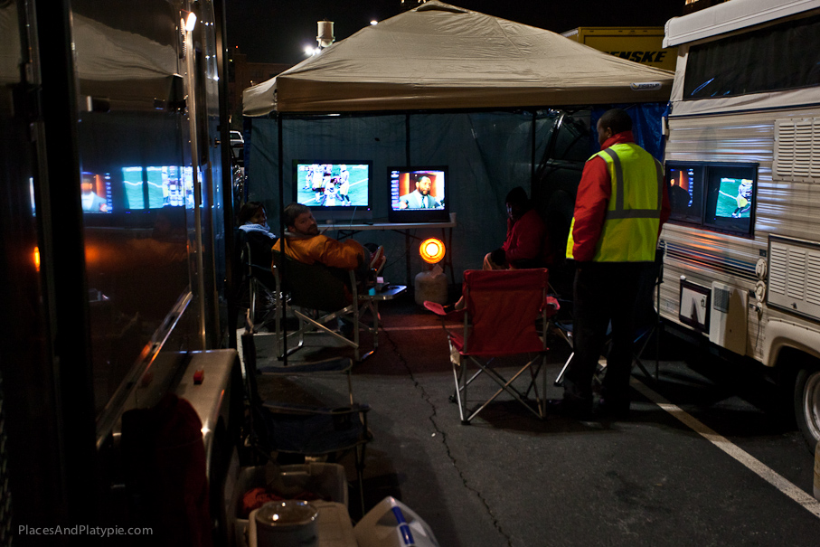 Tailgating a night game with 2 TVs, a heater and beer - perfect!