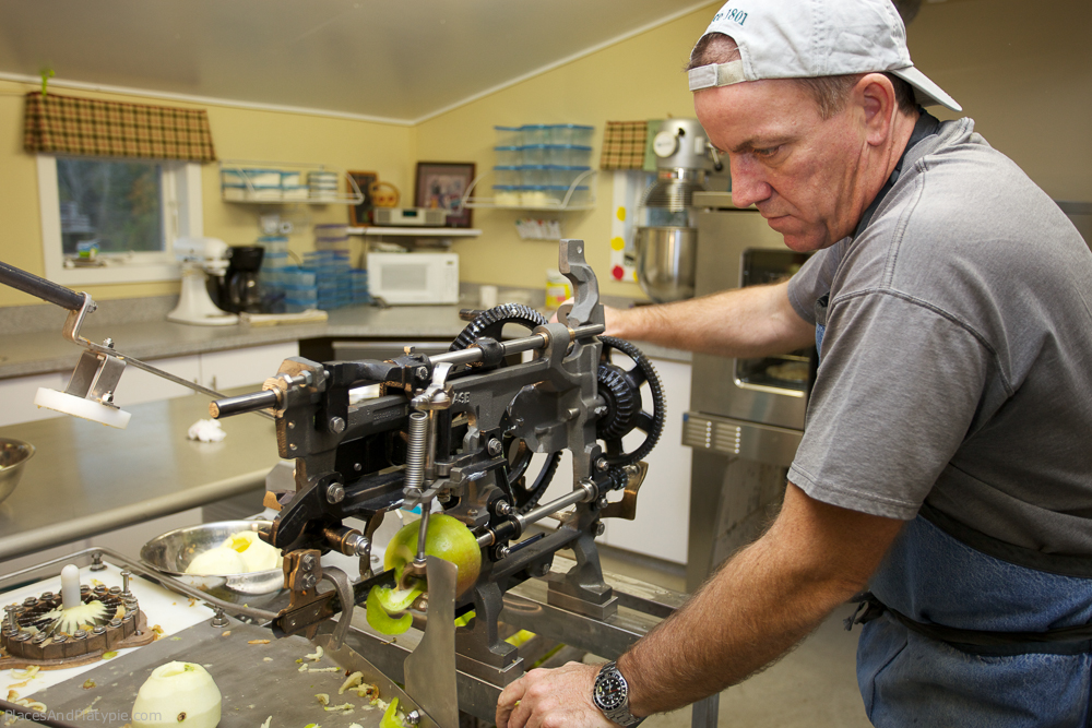 David runs the machine. They used to peel enough apples for 50 pies a week by hand.