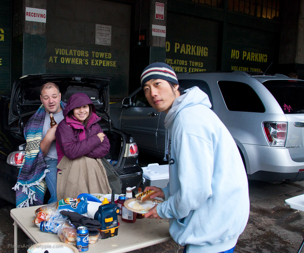 These guys found a tailgating spot out of the rain! Smart!