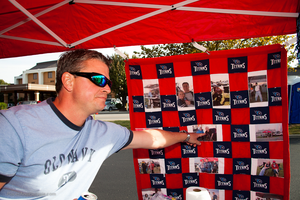 He is pointing to his Mom who made this unique photo fabric Fan Quilt!
