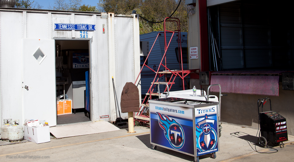 The OUTSIDE of the Tennessee Titans Tailgaters amazing kitchen in an intermodal container!
