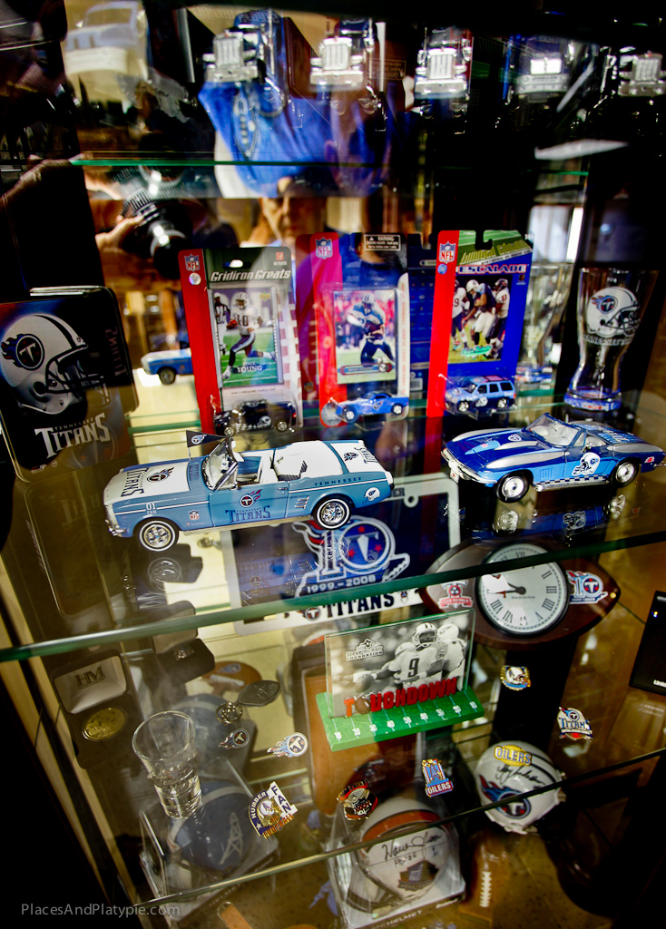 Glass cases are packed with great and immensely varied Tennessee Titans STUFF!  So Kool!
