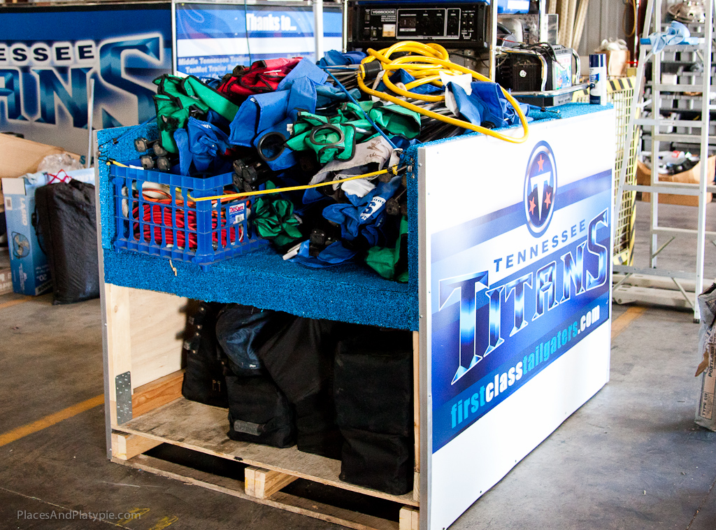 This is true modularized tailgating! A forklift slips this onto a pick-up truck already packed!